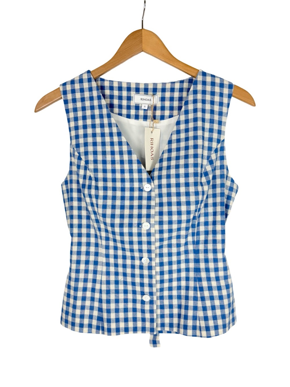 RIHOAS Blue & White Gingham Tie-Back Tank Size S NWT